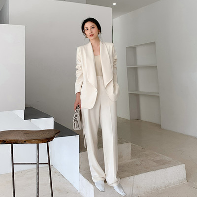 Set pantaloni de afaceri de primăvară Costume din două piese Blazer alb cu mâneci lungi Minimalist elegant Set de blazer OL Vestiment de birou la modă