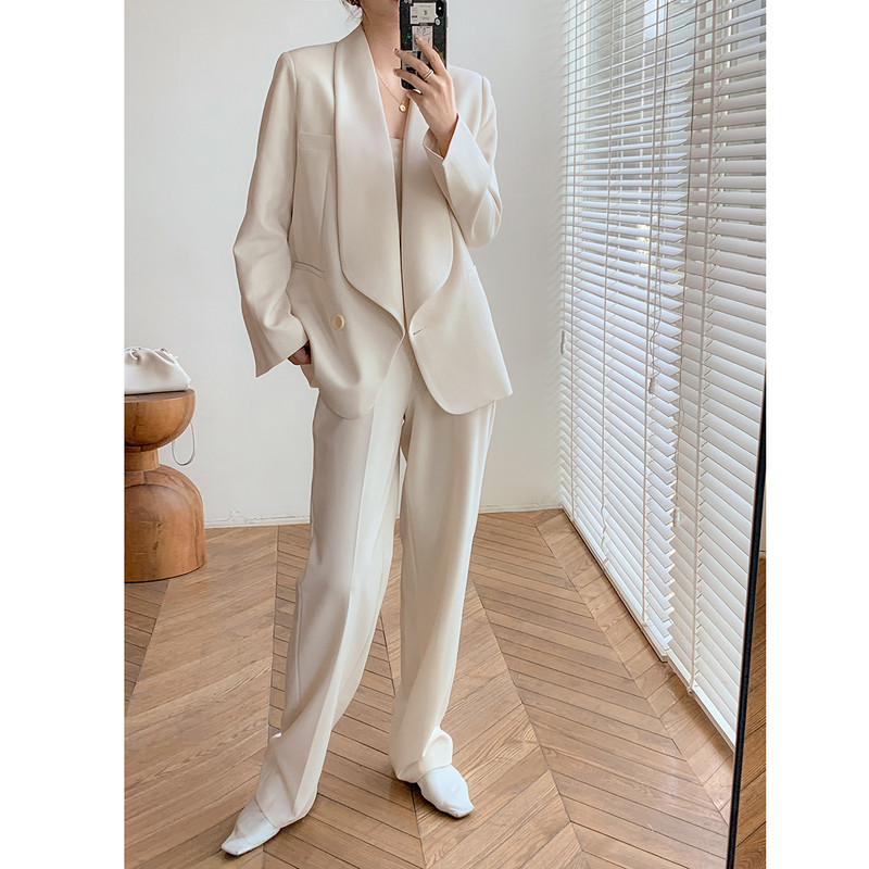 Set pantaloni de afaceri de primăvară Costume din două piese Blazer alb cu mâneci lungi Minimalist elegant Set de blazer OL Vestiment de birou la modă
