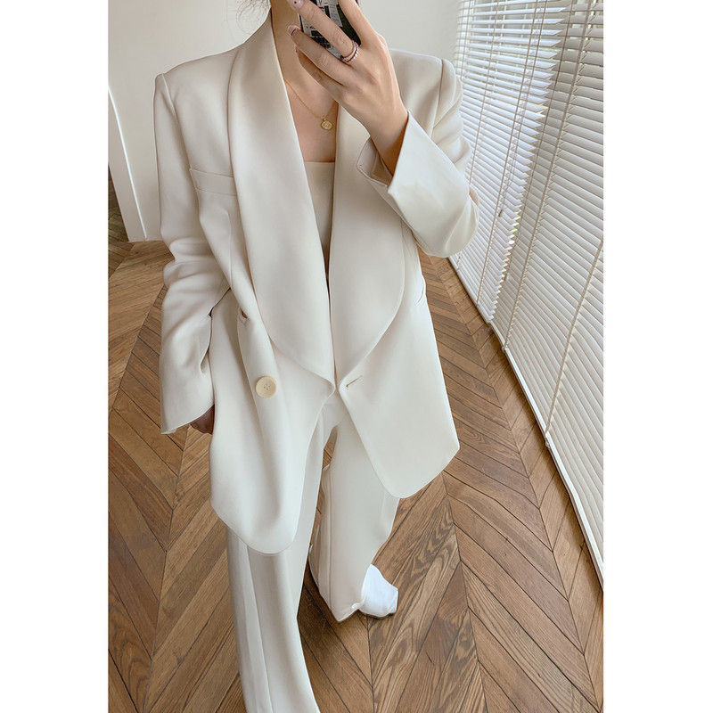 Set pantaloni de afaceri de primăvară Costume din două piese Blazer alb cu mâneci lungi Minimalist elegant Set de blazer OL Vestiment de birou la modă