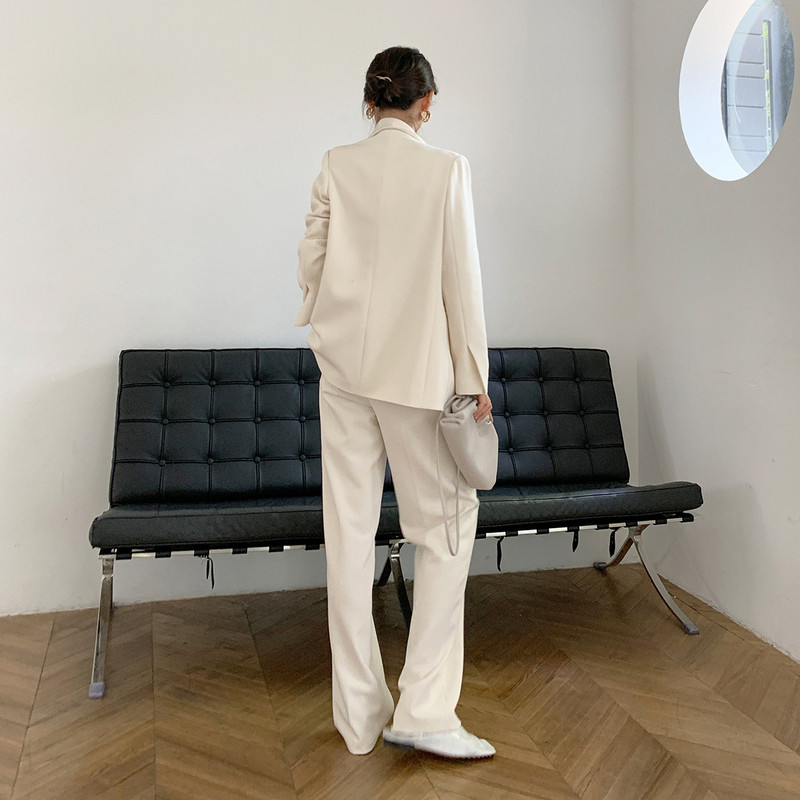 Set pantaloni de afaceri de primăvară Costume din două piese Blazer alb cu mâneci lungi Minimalist elegant Set de blazer OL Vestiment de birou la modă