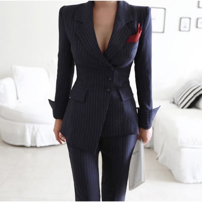 Blazer cu dungi neregulate pentru damă, haină și pantaloni creion, 2 bucăți, pantaloni, costume pentru femei, pentru afaceri, pentru birou, costum de lucru