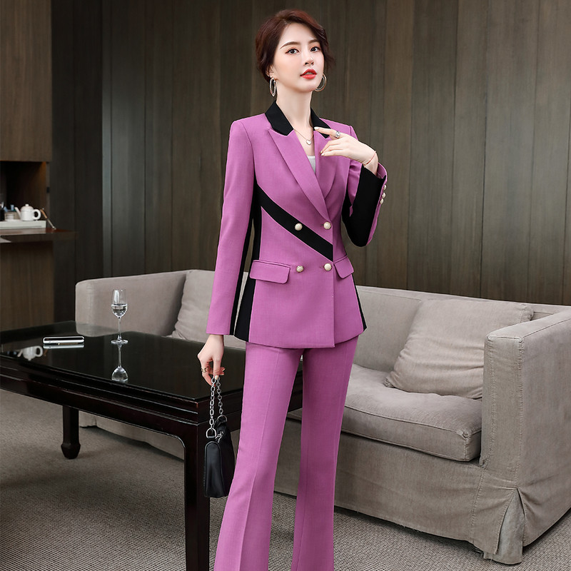 Γυναικείο κοστούμι παντελόνι ασύμμετρο 2 τεμάχια σετ casual μωβ ροζ κίτρινο μπλέιζερ τοπ και παντελόνια