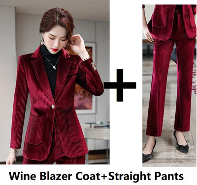 Autun Χειμερινά μακρυμάνικα σακάκια Παντελόνια Υψηλής ποιότητας ύφασμα βελούδο Γυναικεία ρούχα εργασίας με παντελόνι και τζάκετ Παλτό Συνέντευξη