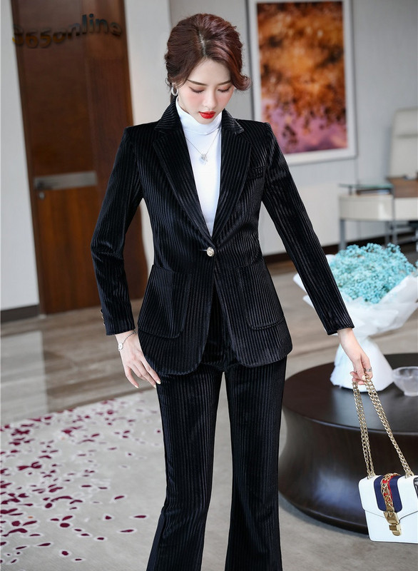 Autun Χειμερινά μακρυμάνικα σακάκια Παντελόνια Υψηλής ποιότητας ύφασμα βελούδο Γυναικεία ρούχα εργασίας με παντελόνι και τζάκετ Παλτό Συνέντευξη