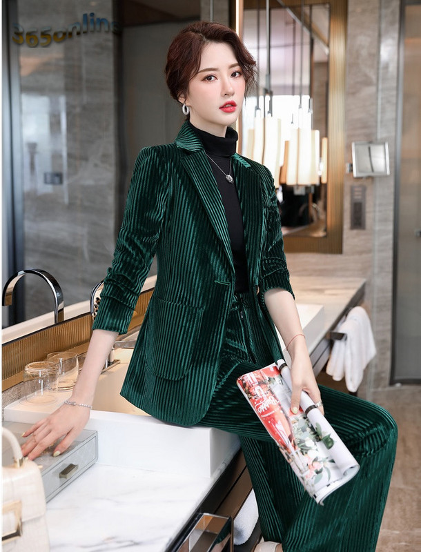 Autun Χειμερινά μακρυμάνικα σακάκια Παντελόνια Υψηλής ποιότητας ύφασμα βελούδο Γυναικεία ρούχα εργασίας με παντελόνι και τζάκετ Παλτό Συνέντευξη