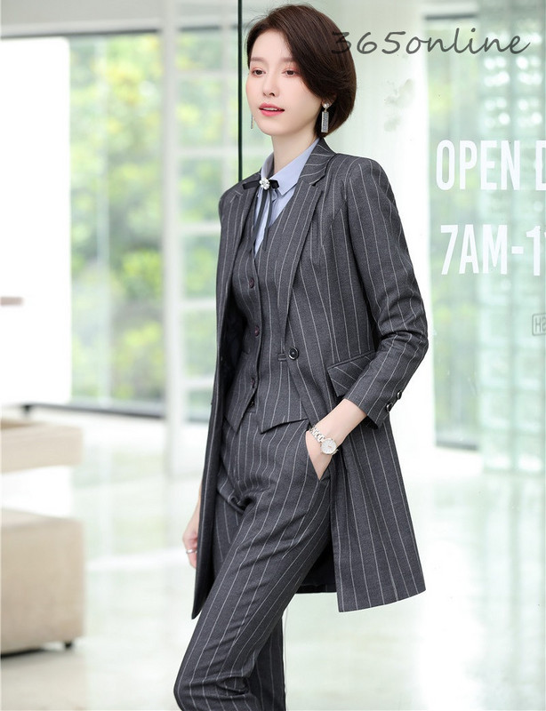 Țesătură de înaltă calitate 2019, toamnă iarnă, costume pentru femei de afaceri, modele de uniforme, set de îmbrăcăminte de birou pentru doamne, cu jachetă lungă de vânt