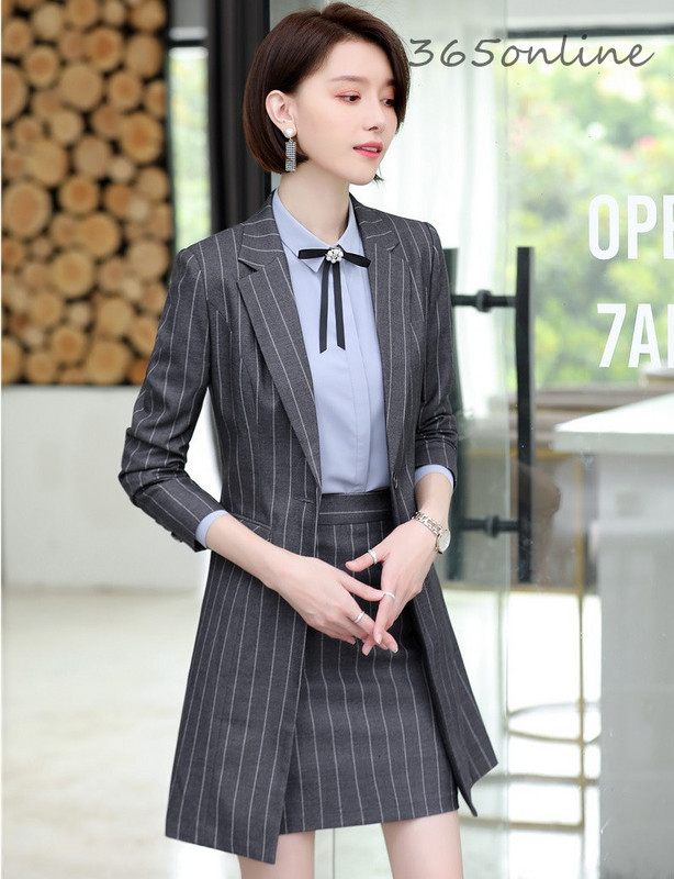 Țesătură de înaltă calitate 2019, toamnă iarnă, costume pentru femei de afaceri, modele de uniforme, set de îmbrăcăminte de birou pentru doamne, cu jachetă lungă de vânt