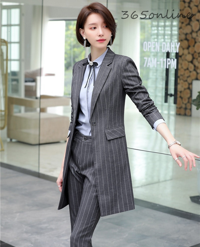 Țesătură de înaltă calitate 2019, toamnă iarnă, costume pentru femei de afaceri, modele de uniforme, set de îmbrăcăminte de birou pentru doamne, cu jachetă lungă de vânt