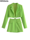 Willshela Dvodijelni komplet ženskih odijela Jednobojni sako na vezanje i mini suknja Elegantna ženska odijela sa jaknom visoke mode, šik