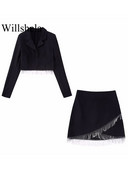 Willshela sieviešu modes divdaļīgs komplekts ar pērlītēm, viengabalainiem, apgrieztiem topi un vintage sānu rāvējslēdzēja mini svārki šiks sieviešu svārku komplekts