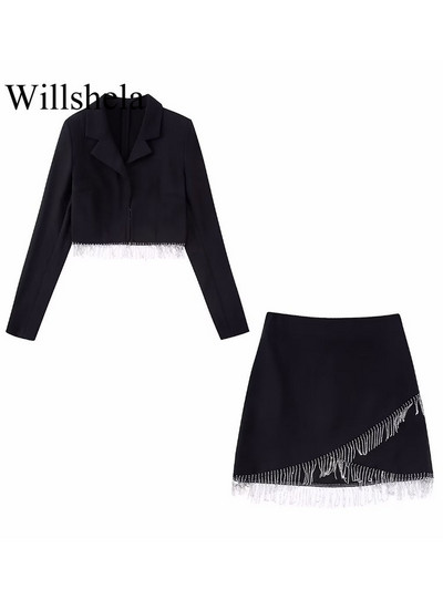 Willshela sieviešu modes divdaļīgs komplekts ar pērlītēm, viengabalainiem, apgrieztiem topi un vintage sānu rāvējslēdzēja mini svārki šiks sieviešu svārku komplekts