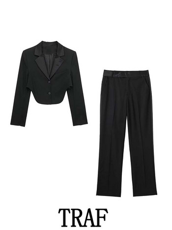 TRAF 2023 Женски комплекти от 2 части Fashion Splice Lapel Short Slim Blazer Coat Tops + Saten Long Pants Есенни каузални елегантни комплекти