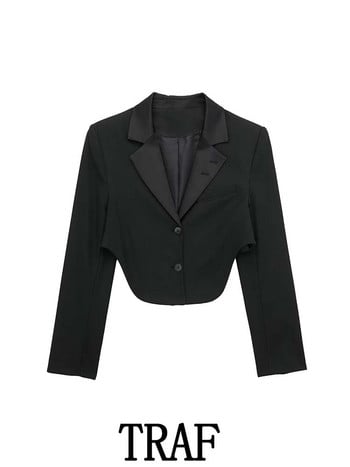 TRAF 2023 Женски комплекти от 2 части Fashion Splice Lapel Short Slim Blazer Coat Tops + Saten Long Pants Есенни каузални елегантни комплекти