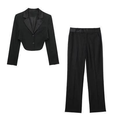 TRAF 2023 Γυναικεία Σετ 2 τεμαχίων Fashion Splice Lapel Κοντό λεπτό μπλουζάκι μπλούζες + σατέν μακρύ παντελόνι Φθινοπωρινό Causal κομψό σετ