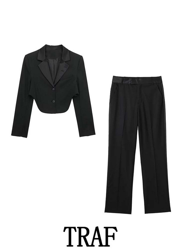 TRAF 2023 Γυναικεία Σετ 2 τεμαχίων Fashion Splice Lapel Κοντό λεπτό μπλουζάκι μπλούζες + σατέν μακρύ παντελόνι Φθινοπωρινό Causal κομψό σετ