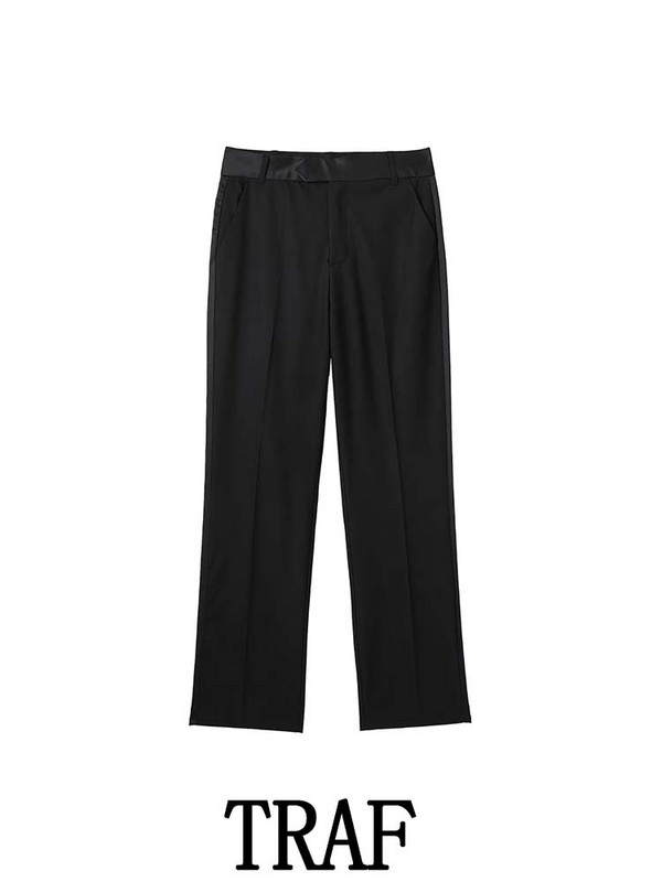 TRAF 2023 Γυναικεία Σετ 2 τεμαχίων Fashion Splice Lapel Κοντό λεπτό μπλουζάκι μπλούζες + σατέν μακρύ παντελόνι Φθινοπωρινό Causal κομψό σετ