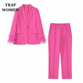 TRAF WOMEN 2022 Nou Toamna/Iarna Moda Decorație Pene Costum Jachetă Temperament Birou Retro Femeie Chic Set Blazer 82167074