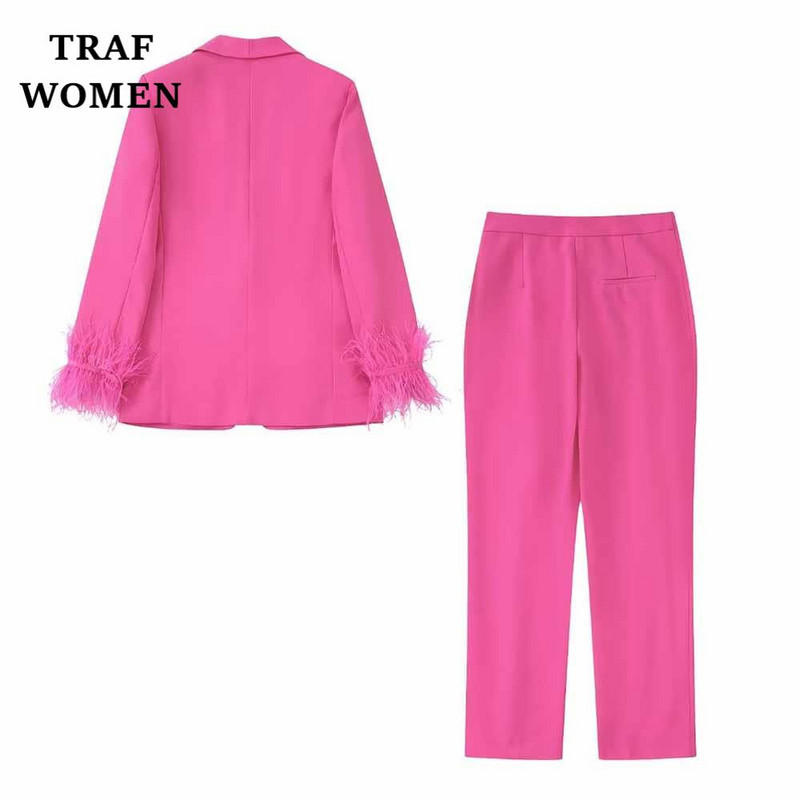 TRAF WOMEN 2022 Nou Toamna/Iarna Moda Decorație Pene Costum Jachetă Temperament Birou Retro Femeie Chic Set Blazer 82167074