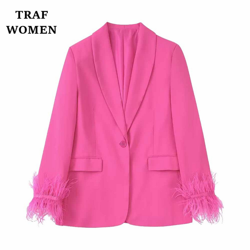 TRAF WOMEN 2022 Nou Toamna/Iarna Moda Decorație Pene Costum Jachetă Temperament Birou Retro Femeie Chic Set Blazer 82167074