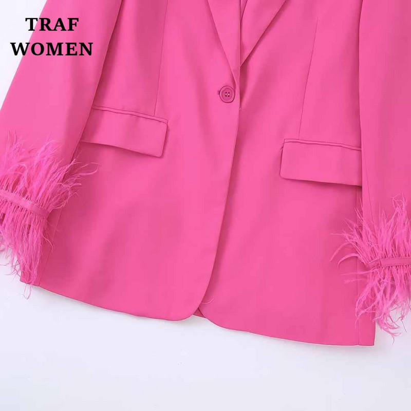 TRAF WOMEN 2022 Nou Toamna/Iarna Moda Decorație Pene Costum Jachetă Temperament Birou Retro Femeie Chic Set Blazer 82167074