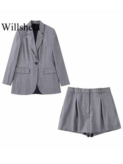 Willshela Set 2 piese la modă pentru femei Blazer solid cu un singur buton și pantaloni scurți cu fermoar în față vintage Costume pentru blazer de birou pentru femei