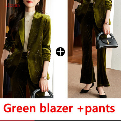 Kvaliteetne läikiv sametine sügistalvine pidulik bleiser naiste äriülikonnad koos komplektidega Tööriietus Kontorivormi püksid jakk