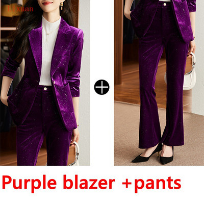 Kvaliteetne läikiv sametine sügistalvine pidulik bleiser naiste äriülikonnad koos komplektidega Tööriietus Kontorivormi püksid jakk