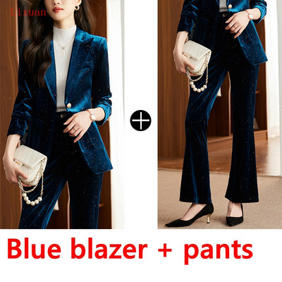 Kvaliteetne läikiv sametine sügistalvine pidulik bleiser naiste äriülikonnad koos komplektidega Tööriietus Kontorivormi püksid jakk