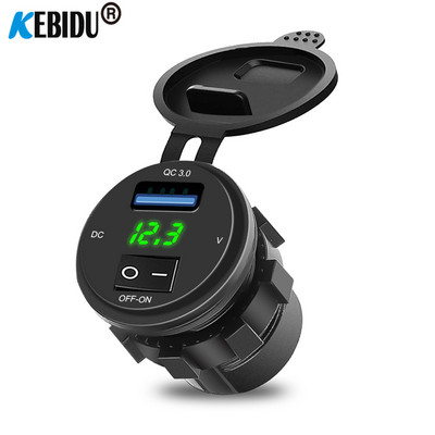 KEBIDU 18W Telefon QC 3.0 Priză încărcător auto Afișaj digital Voltmetru DC 12V-24V Priză de încărcare USB Comutator ON-OFF pentru motocicletă