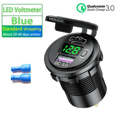 Υποδοχή φορτιστή μοτοσικλετών 48W 12V/24V Τύπος C PD+QC 3.0 Fast Charging LED Voltmeter Υποδοχή αναπτήρα αυτοκινήτου για φορτηγό SUV RV Boat