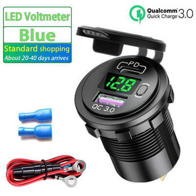 Υποδοχή φορτιστή μοτοσικλετών 48W 12V/24V Τύπος C PD+QC 3.0 Fast Charging LED Voltmeter Υποδοχή αναπτήρα αυτοκινήτου για φορτηγό SUV RV Boat