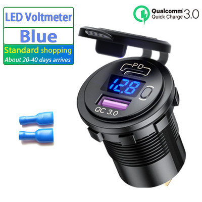 Υποδοχή φορτιστή μοτοσικλετών 48W 12V/24V Τύπος C PD+QC 3.0 Fast Charging LED Voltmeter Υποδοχή αναπτήρα αυτοκινήτου για φορτηγό SUV RV Boat