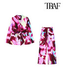 TRAF sieviešu modes mētelis bez apkakles ar jostas apdruku un sieviešu bikses ar rāvējslēdzēju ar augstu vidukli. Divdaļīgie komplekti Mujer