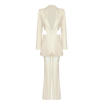 Παντελόνι Blazer Σετ Διχτυωτό Κοίλο έξω Μπουφάν χωρίς πλάτη ίσιο παντελόνι Khaki Blazers Κοστούμια για γυναίκες Κομψά κομψά σετ δύο τεμαχίων