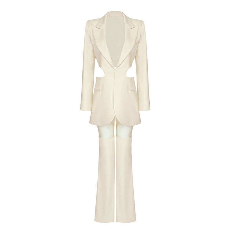 Παντελόνι Blazer Σετ Διχτυωτό Κοίλο έξω Μπουφάν χωρίς πλάτη ίσιο παντελόνι Khaki Blazers Κοστούμια για γυναίκες Κομψά κομψά σετ δύο τεμαχίων