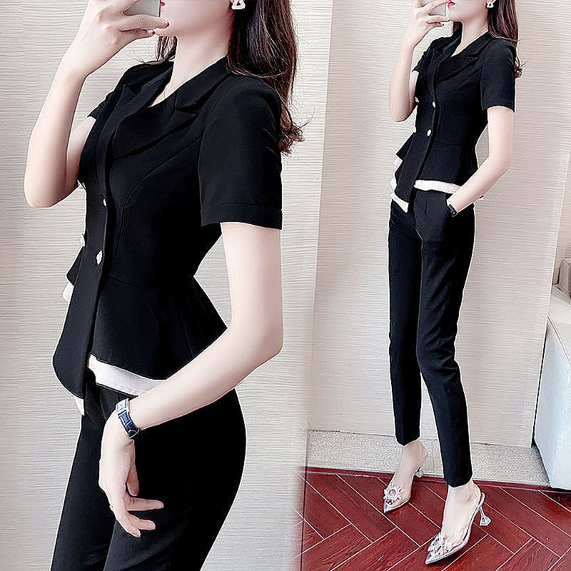 Blazer profesional 2022 pentru femei, noua vară, formală, cu mânecă scurtă, cu volane, jachetă subțire, haine de birou pentru damă, set de două piese