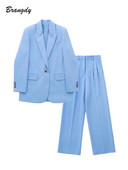 Naiste pükskostüüm Sinine Balzeri pükskostüümid Kevadised naiste pidulikud komplektid Kontori daamipükste komplektid Ühe nööbiga kevadine bleiserjakk