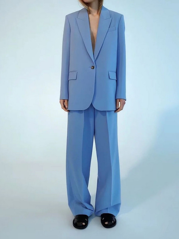 Naiste pükskostüüm Sinine Balzeri pükskostüümid Kevadised naiste pidulikud komplektid Kontori daamipükste komplektid Ühe nööbiga kevadine bleiserjakk