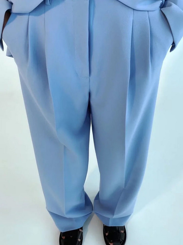 Naiste pükskostüüm Sinine Balzeri pükskostüümid Kevadised naiste pidulikud komplektid Kontori daamipükste komplektid Ühe nööbiga kevadine bleiserjakk