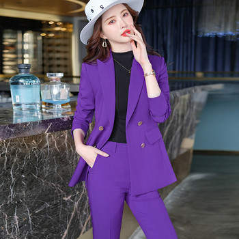 Комплект от 2 части Lenshin Less is More Simple Pant Suit Blazer с джобове Офис дамски дизайн Дамско лилаво сако и панталон