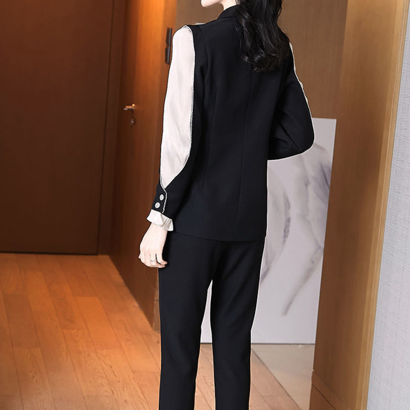 Veste de birou la modă pentru femei Blazer cu piept dublu Set de pantaloni cu talie elastică, vintage, cu mâneci lungi, buzunare, haină, pantaloni solidi, costum