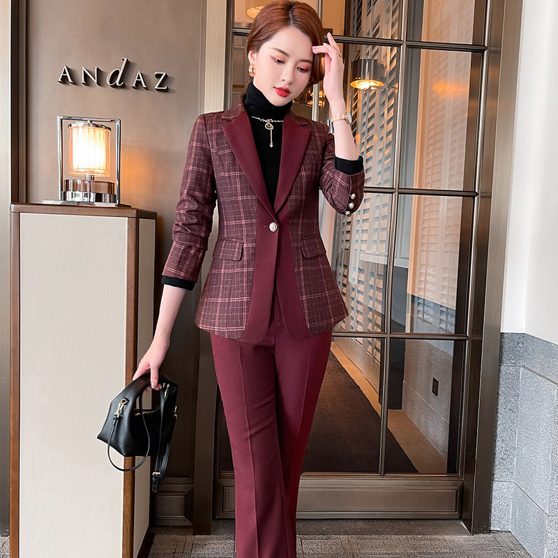 Κομψό γυναικείο κόκκινο μπλε καρό κοστούμι παντελόνι 2 τεμαχίων σετ Επίσημο γυναικείο μπουφάν και παντελόνι για δουλειά γραφείου Επαγγελματικά ρούχα