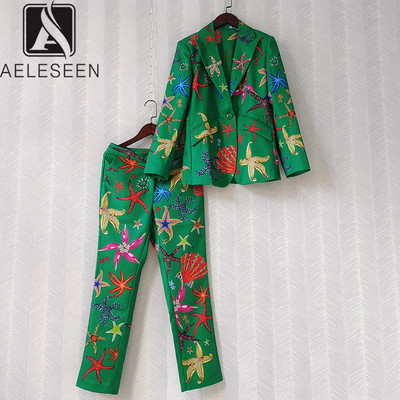 AELESEEN Μόδα Παντελόνι Πασαρέλα 2022 Φθινόπωρο Χειμώνας Πράσινα Αστέρια στάμπα Μπλέιζερ+ολόσωμο παντελόνι Πολυτελή γυναικεία κοστούμια με χάντρες