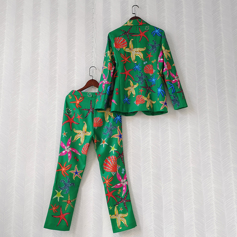 AELESEEN Μόδα Παντελόνι Πασαρέλα 2022 Φθινόπωρο Χειμώνας Πράσινα Αστέρια στάμπα Μπλέιζερ+ολόσωμο παντελόνι Πολυτελή γυναικεία κοστούμια με χάντρες