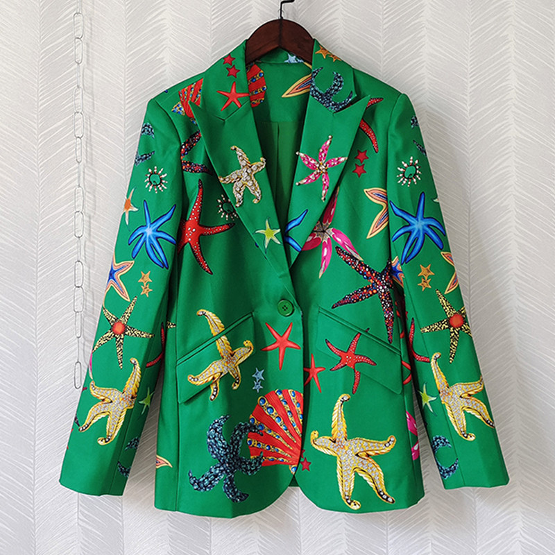 AELESEEN Μόδα Παντελόνι Πασαρέλα 2022 Φθινόπωρο Χειμώνας Πράσινα Αστέρια στάμπα Μπλέιζερ+ολόσωμο παντελόνι Πολυτελή γυναικεία κοστούμια με χάντρες