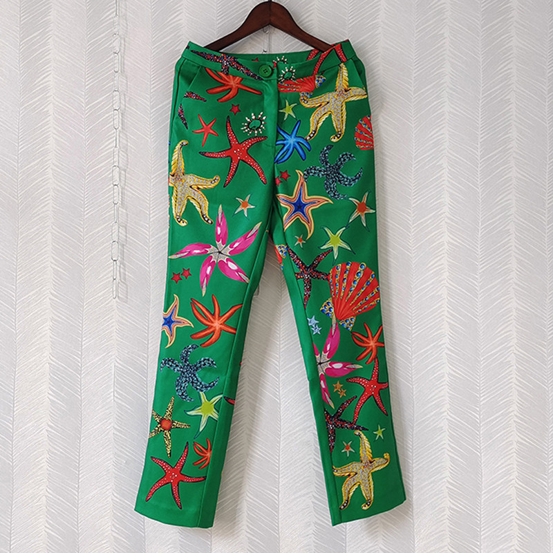 AELESEEN Μόδα Παντελόνι Πασαρέλα 2022 Φθινόπωρο Χειμώνας Πράσινα Αστέρια στάμπα Μπλέιζερ+ολόσωμο παντελόνι Πολυτελή γυναικεία κοστούμια με χάντρες