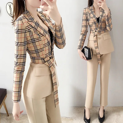 Blazer de toamnă de primăvară pentru femei 2023, noua modă, temperament, pantaloni largi, 2 piese, birou, damă, îmbinare, contrast, costum elegant casual