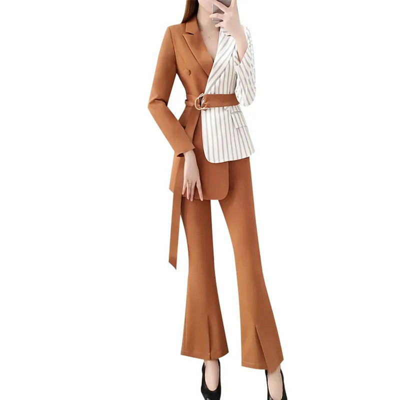 Blazer de toamnă de primăvară pentru femei 2023, noua modă, temperament, pantaloni largi, 2 piese, birou, damă, îmbinare, contrast, costum elegant casual