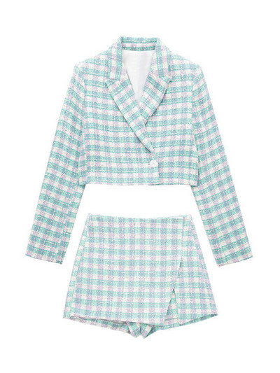 Set de haine cu blazer în carouri, albastru, roz, albastru