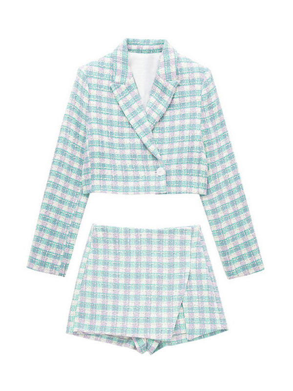 Set de haine cu blazer în carouri, albastru, roz, albastru